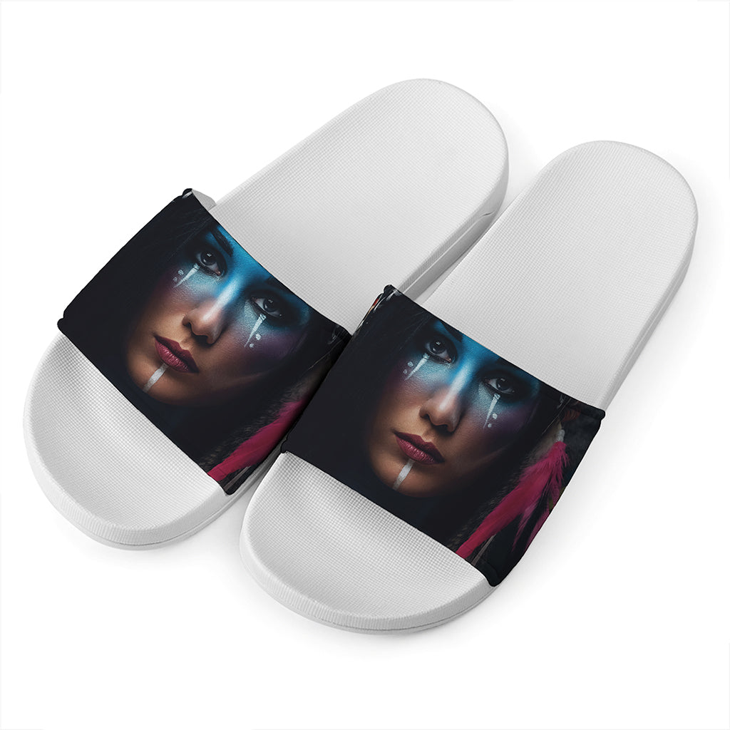 Native Indian Woman Portrait Print White Slide Sandals