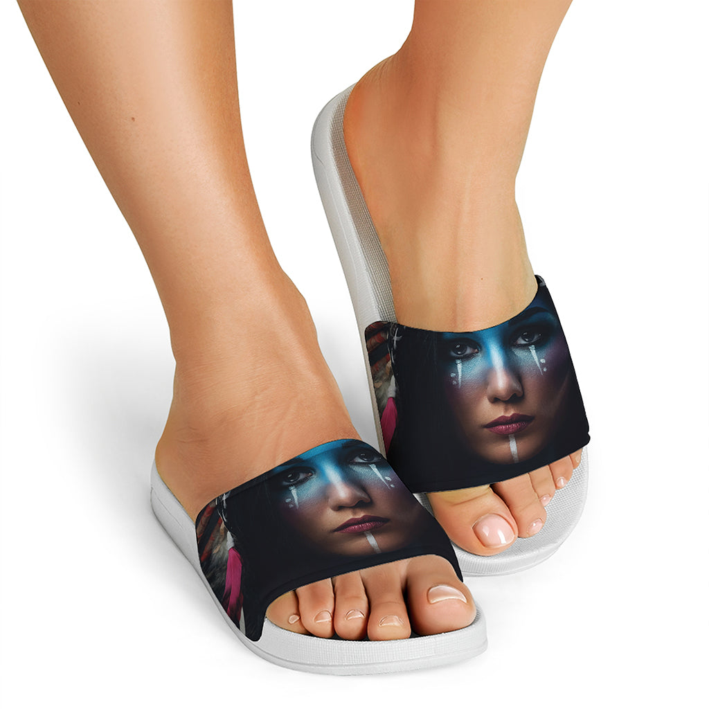 Native Indian Woman Portrait Print White Slide Sandals