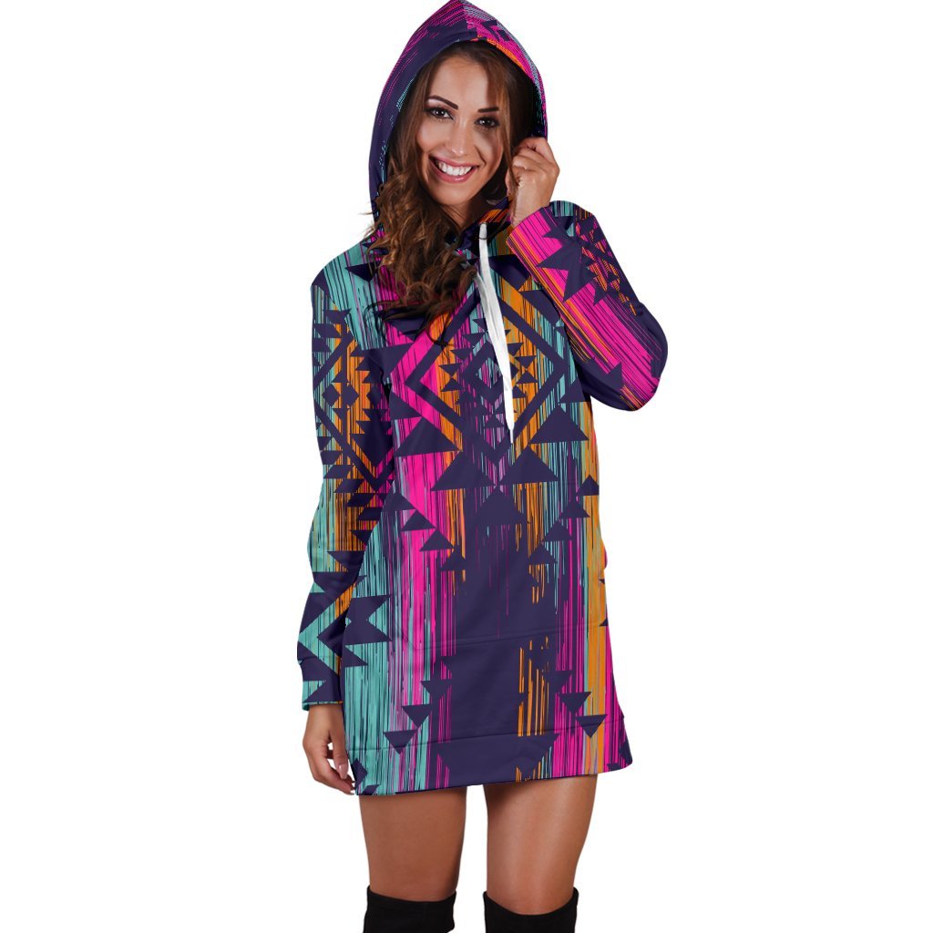 Native Tribal Aztec Pattern Print Hoodie Dress GearFrost