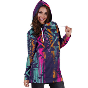 Native Tribal Aztec Pattern Print Hoodie Dress GearFrost