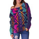 Native Tribal Aztec Pattern Print Off Shoulder Sweatshirt GearFrost