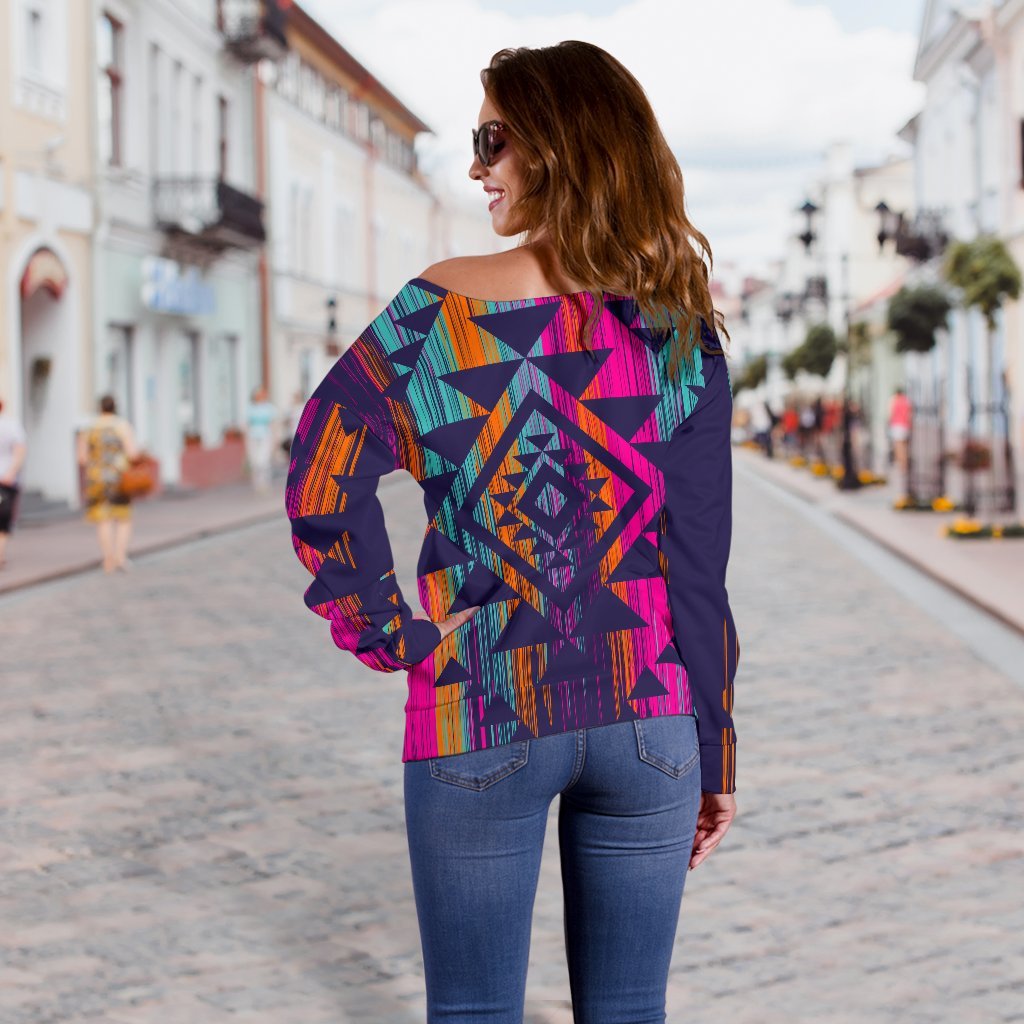 Native Tribal Aztec Pattern Print Off Shoulder Sweatshirt GearFrost