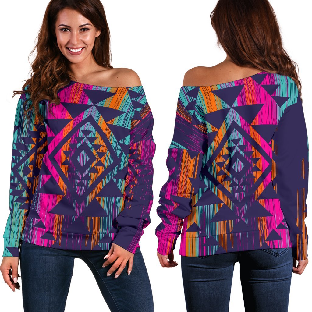 Native Tribal Aztec Pattern Print Off Shoulder Sweatshirt GearFrost