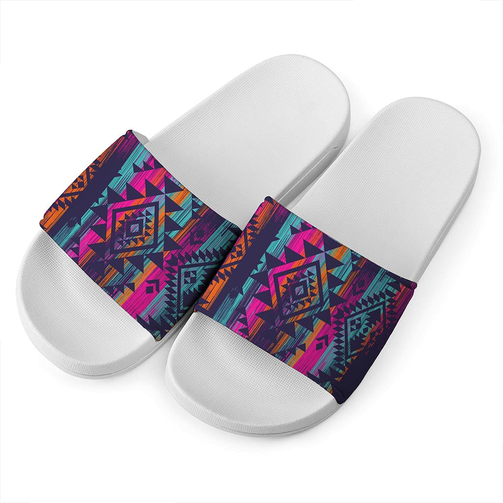 Native Tribal Aztec Pattern Print White Slide Sandals