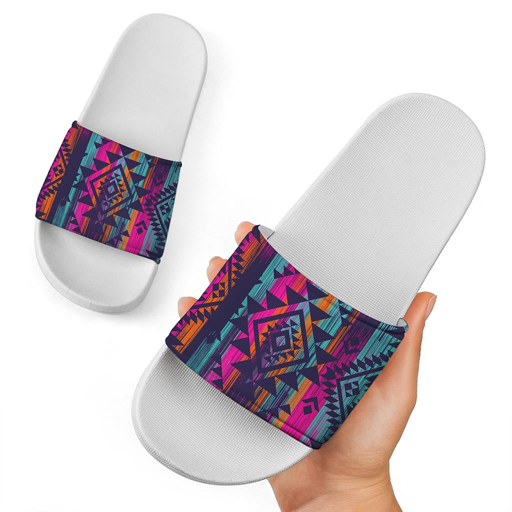 Native Tribal Aztec Pattern Print White Slide Sandals