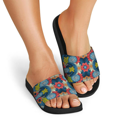 Native Tribal Bohemian Pattern Print Black Slide Sandals
