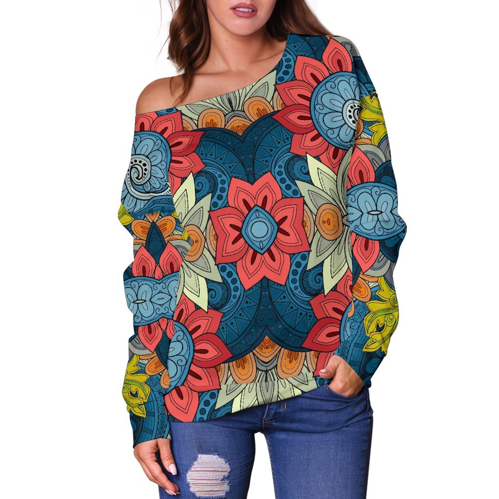 Native Tribal Bohemian Pattern Print Off Shoulder Sweatshirt GearFrost