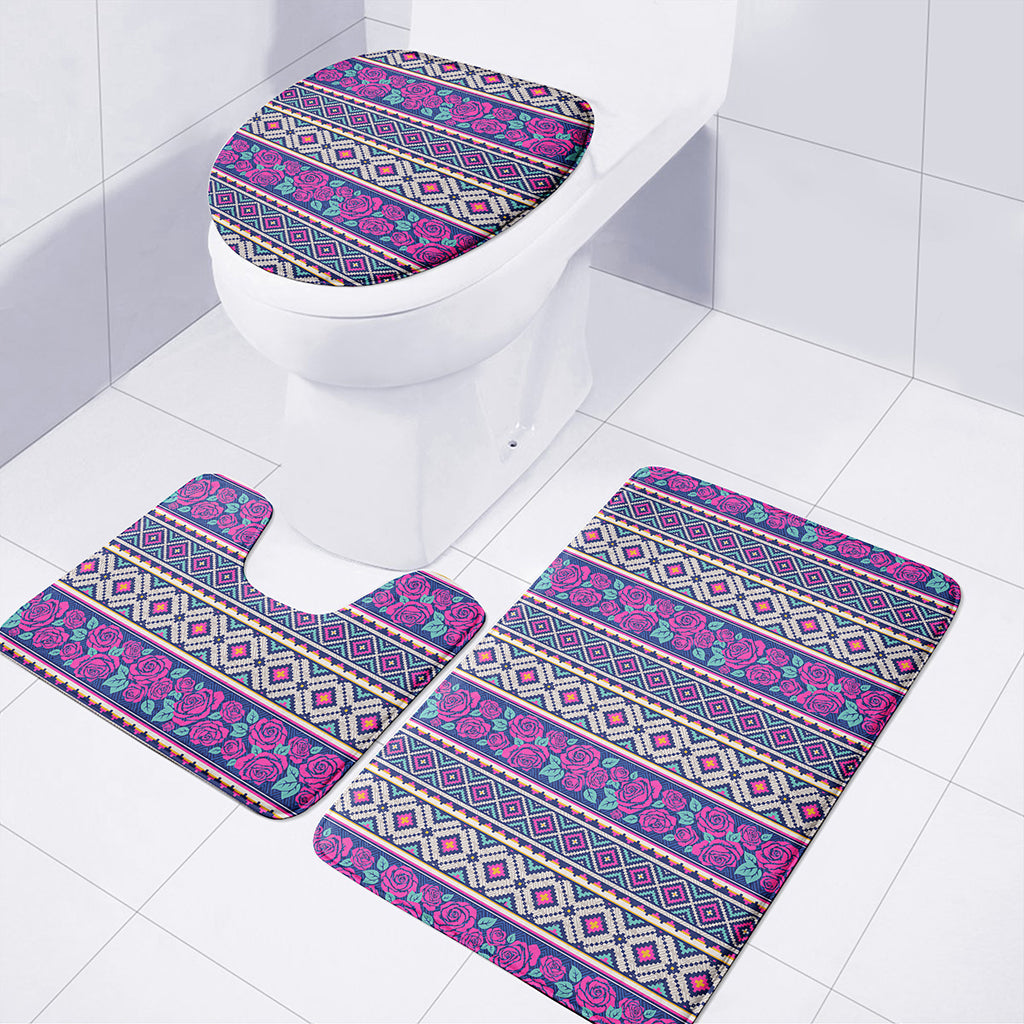 Native Tribal Ethnic Rose Pattern Print 3 Piece Bath Mat Set