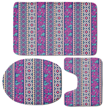 Native Tribal Ethnic Rose Pattern Print 3 Piece Bath Mat Set