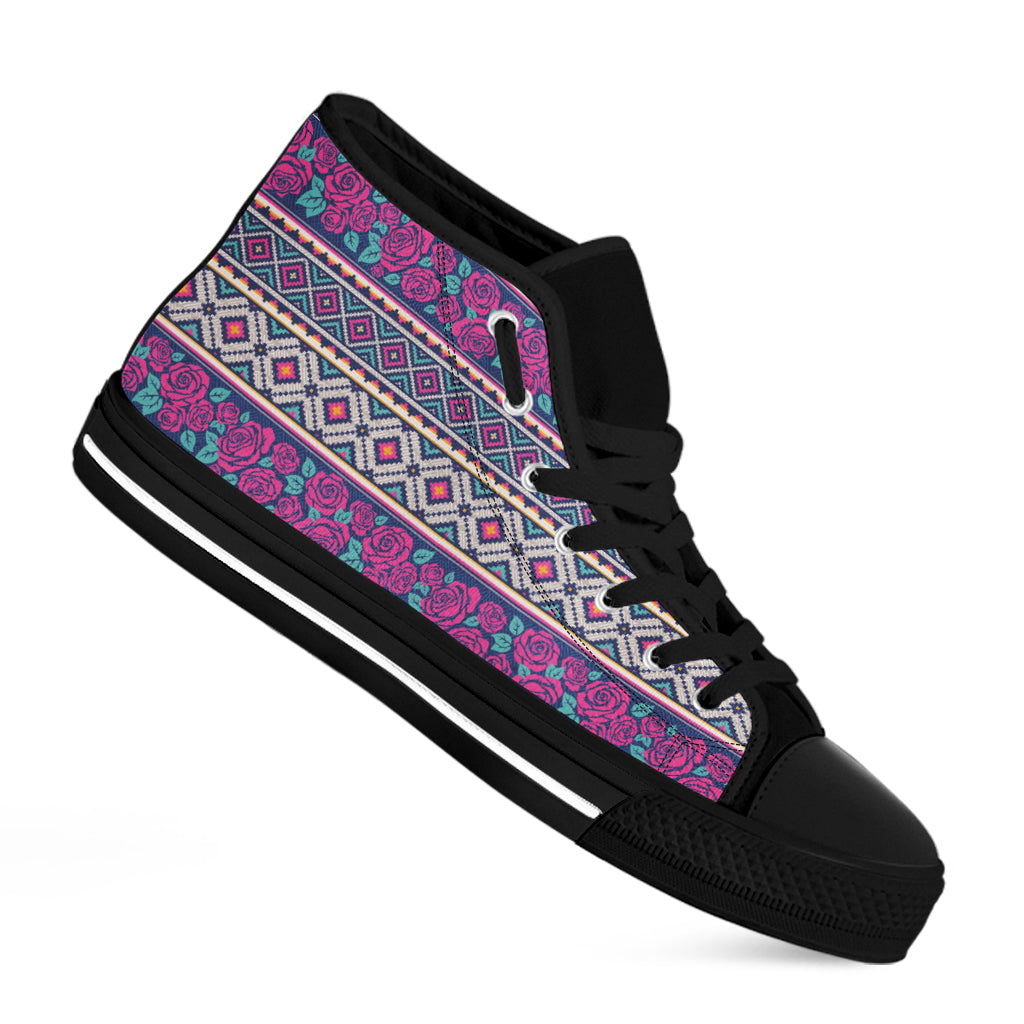 Native Tribal Ethnic Rose Pattern Print Black High Top Shoes