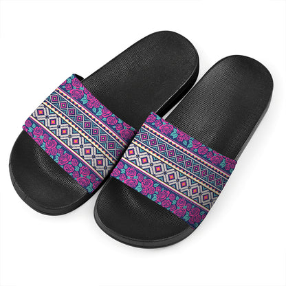 Native Tribal Ethnic Rose Pattern Print Black Slide Sandals