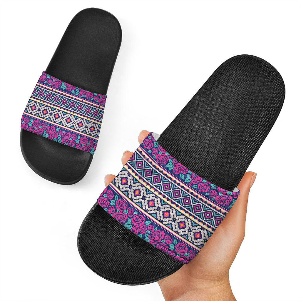 Native Tribal Ethnic Rose Pattern Print Black Slide Sandals