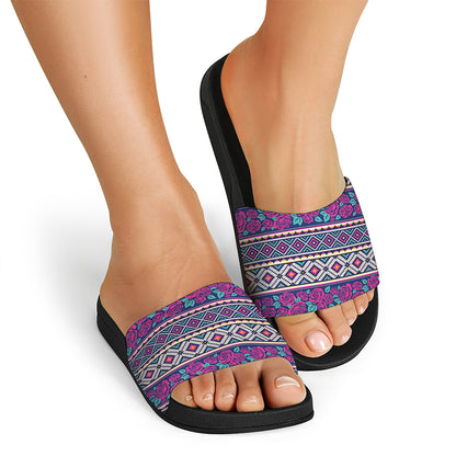 Native Tribal Ethnic Rose Pattern Print Black Slide Sandals