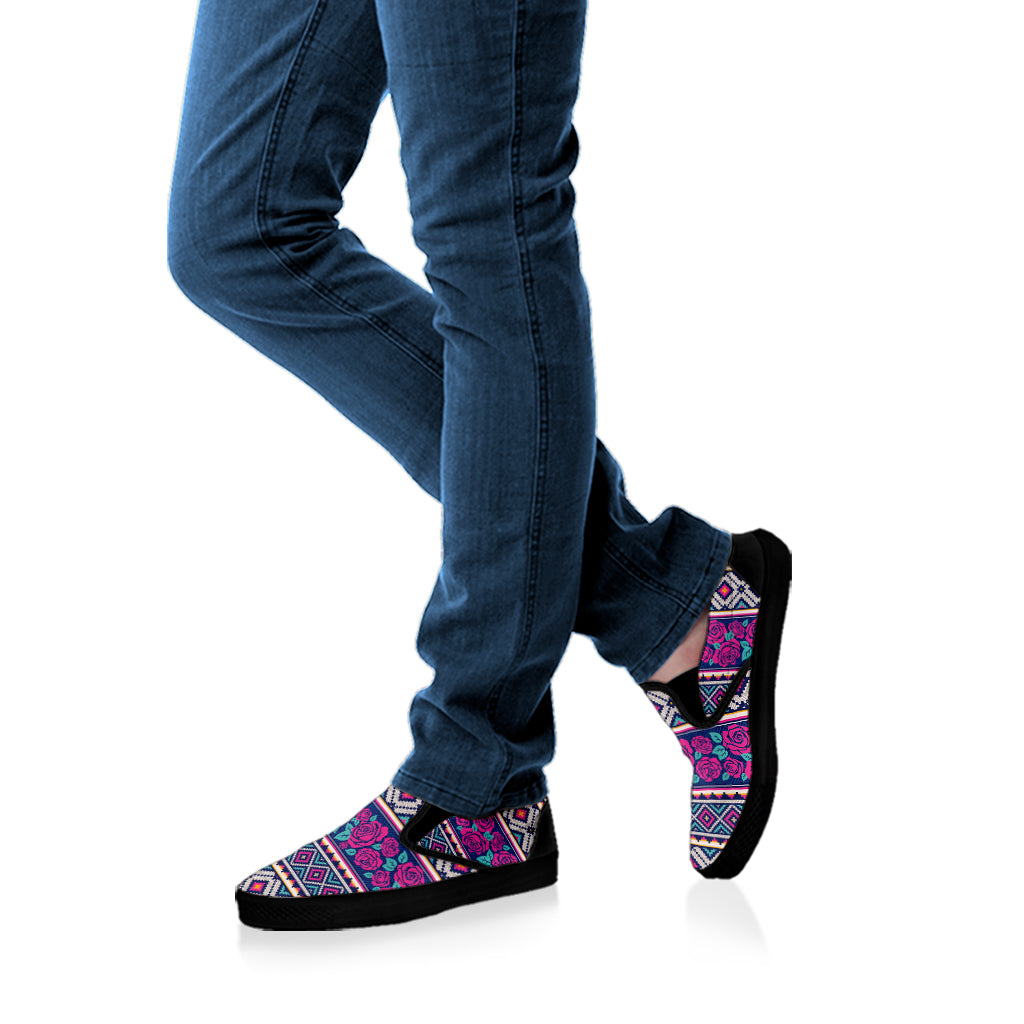 Native Tribal Ethnic Rose Pattern Print Black Slip On Shoes