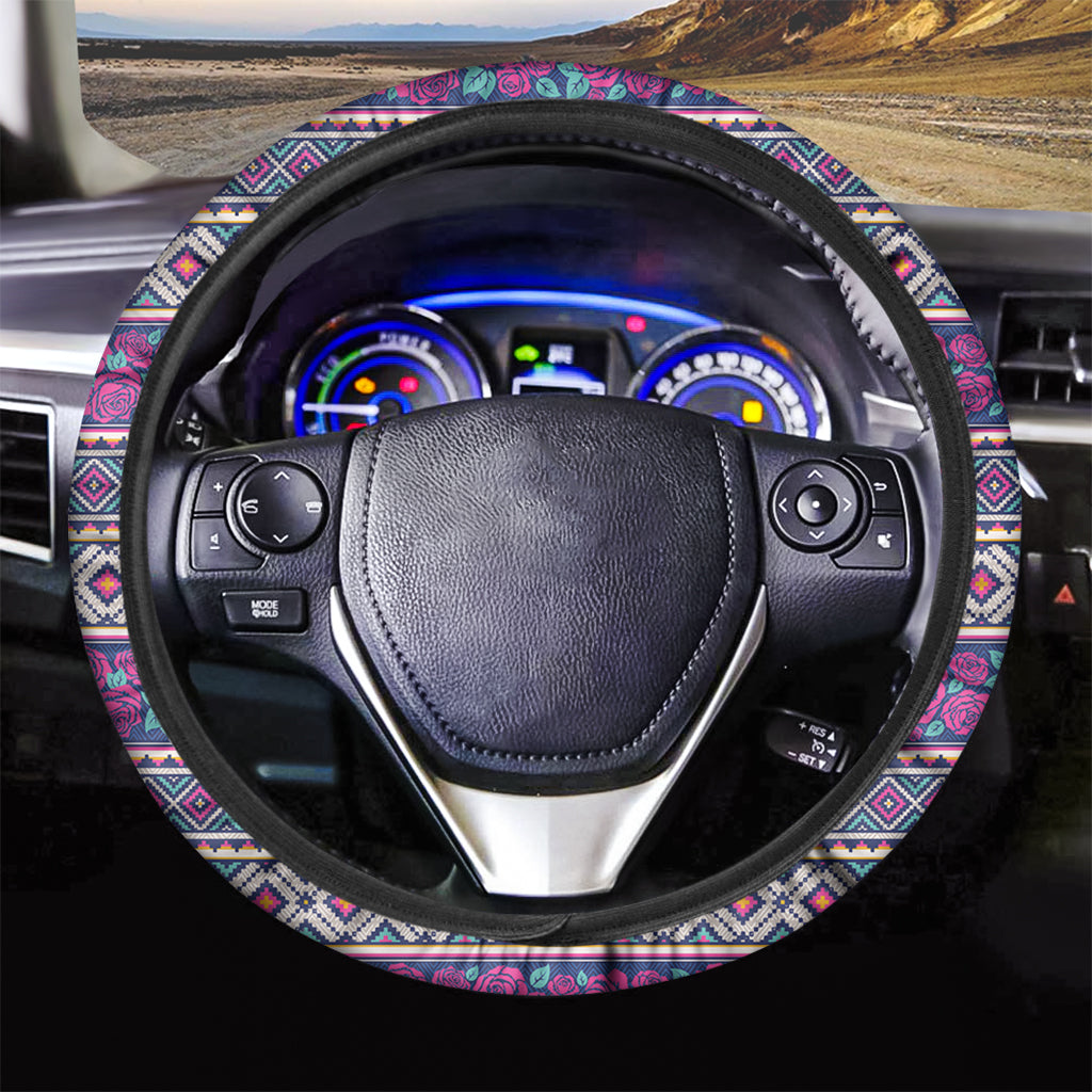 Native Tribal Ethnic Rose Pattern Print Car Steering Wheel Cover