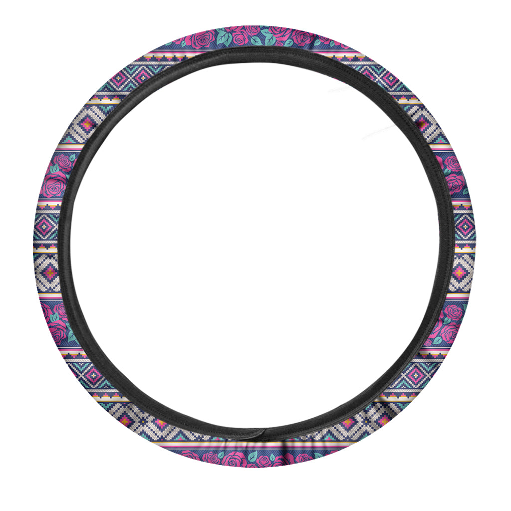 Native Tribal Ethnic Rose Pattern Print Car Steering Wheel Cover