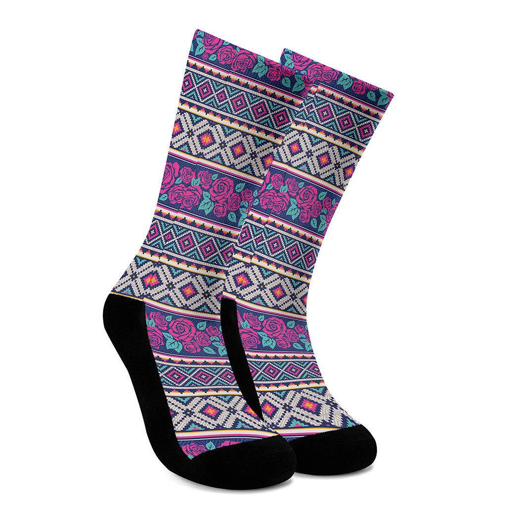 Native Tribal Ethnic Rose Pattern Print Crew Socks