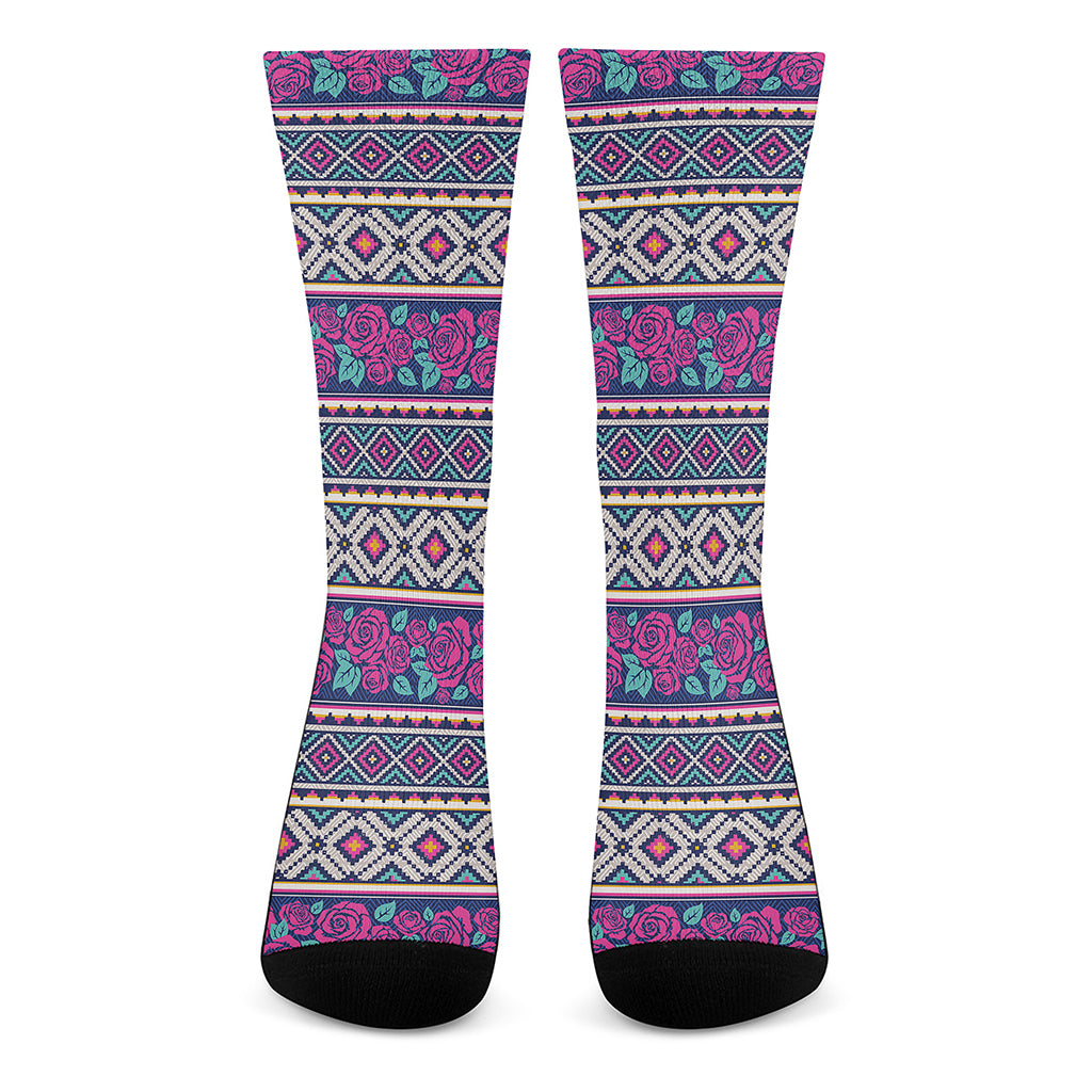 Native Tribal Ethnic Rose Pattern Print Crew Socks