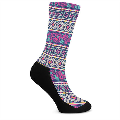 Native Tribal Ethnic Rose Pattern Print Crew Socks