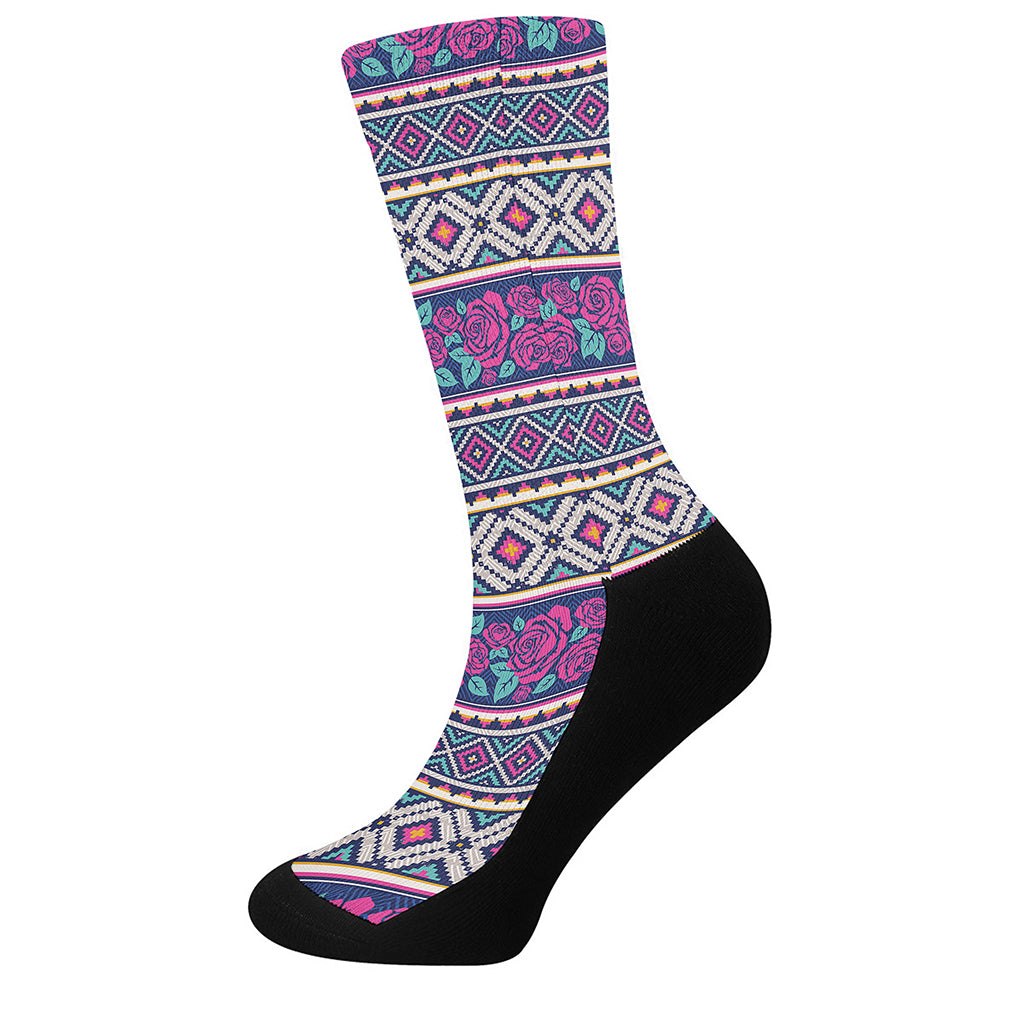 Native Tribal Ethnic Rose Pattern Print Crew Socks