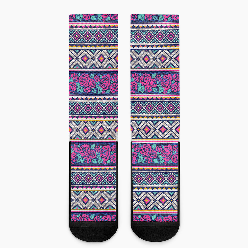 Native Tribal Ethnic Rose Pattern Print Crew Socks