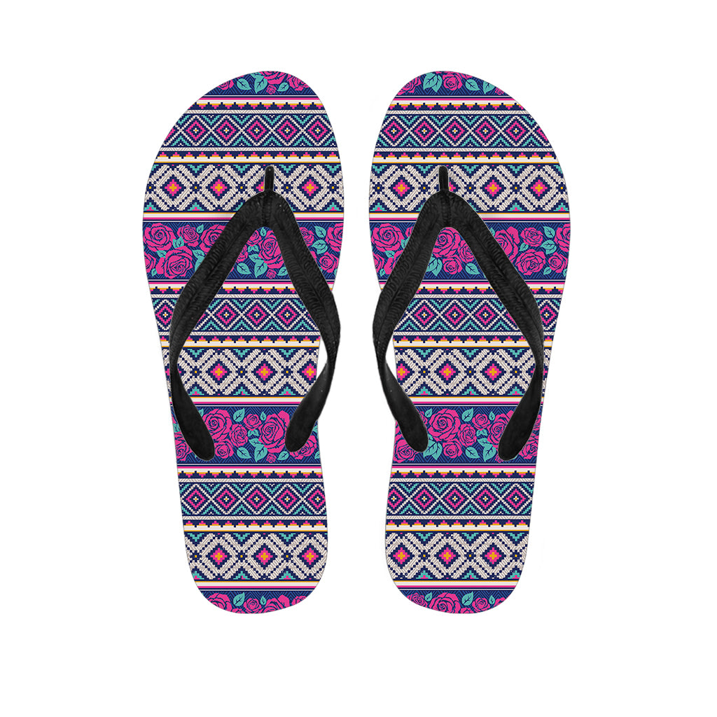 Native Tribal Ethnic Rose Pattern Print Flip Flops