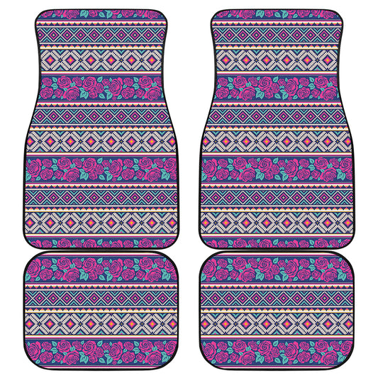 Native Tribal Ethnic Rose Pattern Print Front and Back Car Floor Mats