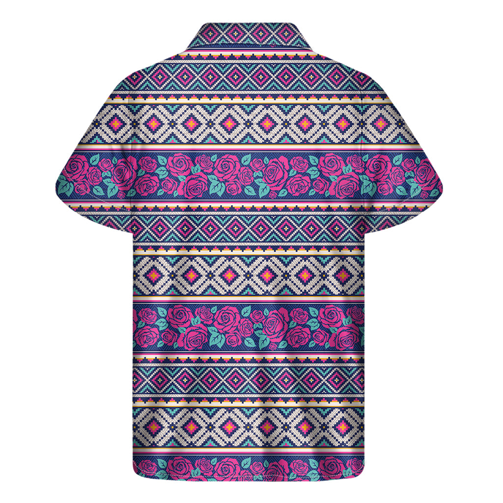 Native Tribal Ethnic Rose Pattern Print Men's Short Sleeve Shirt