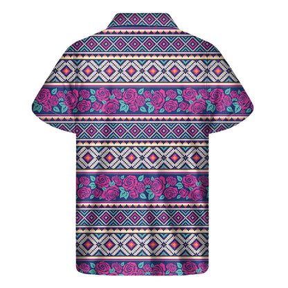 Native Tribal Ethnic Rose Pattern Print Men's Short Sleeve Shirt