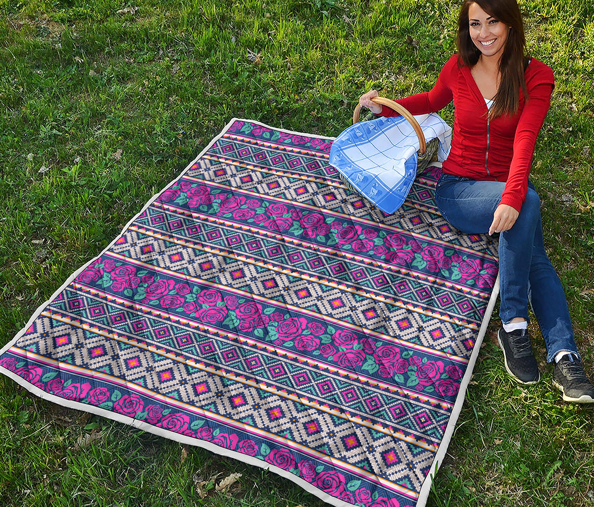 Native Tribal Ethnic Rose Pattern Print Quilt