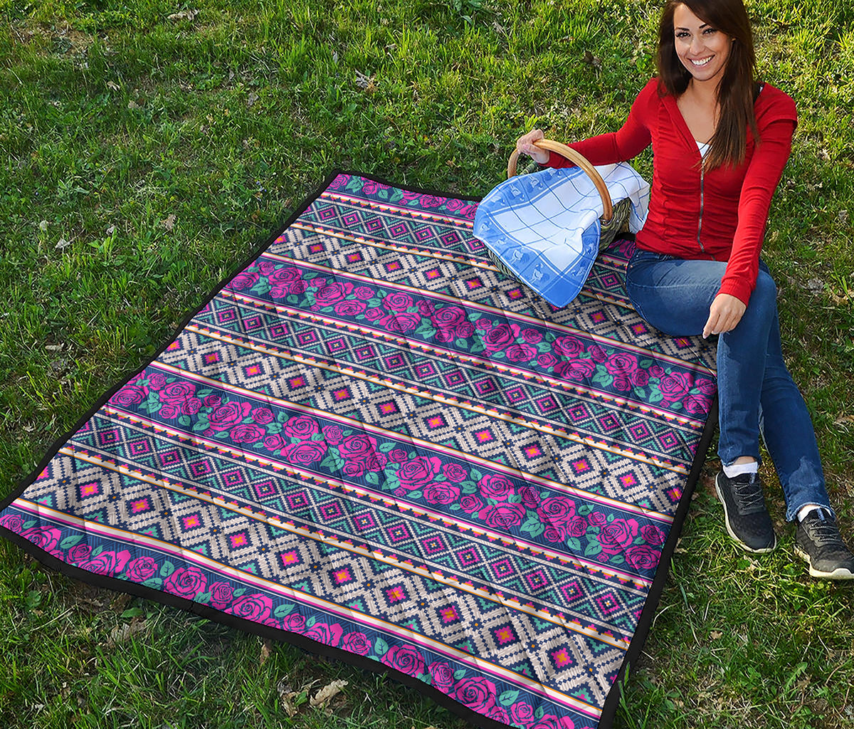 Native Tribal Ethnic Rose Pattern Print Quilt