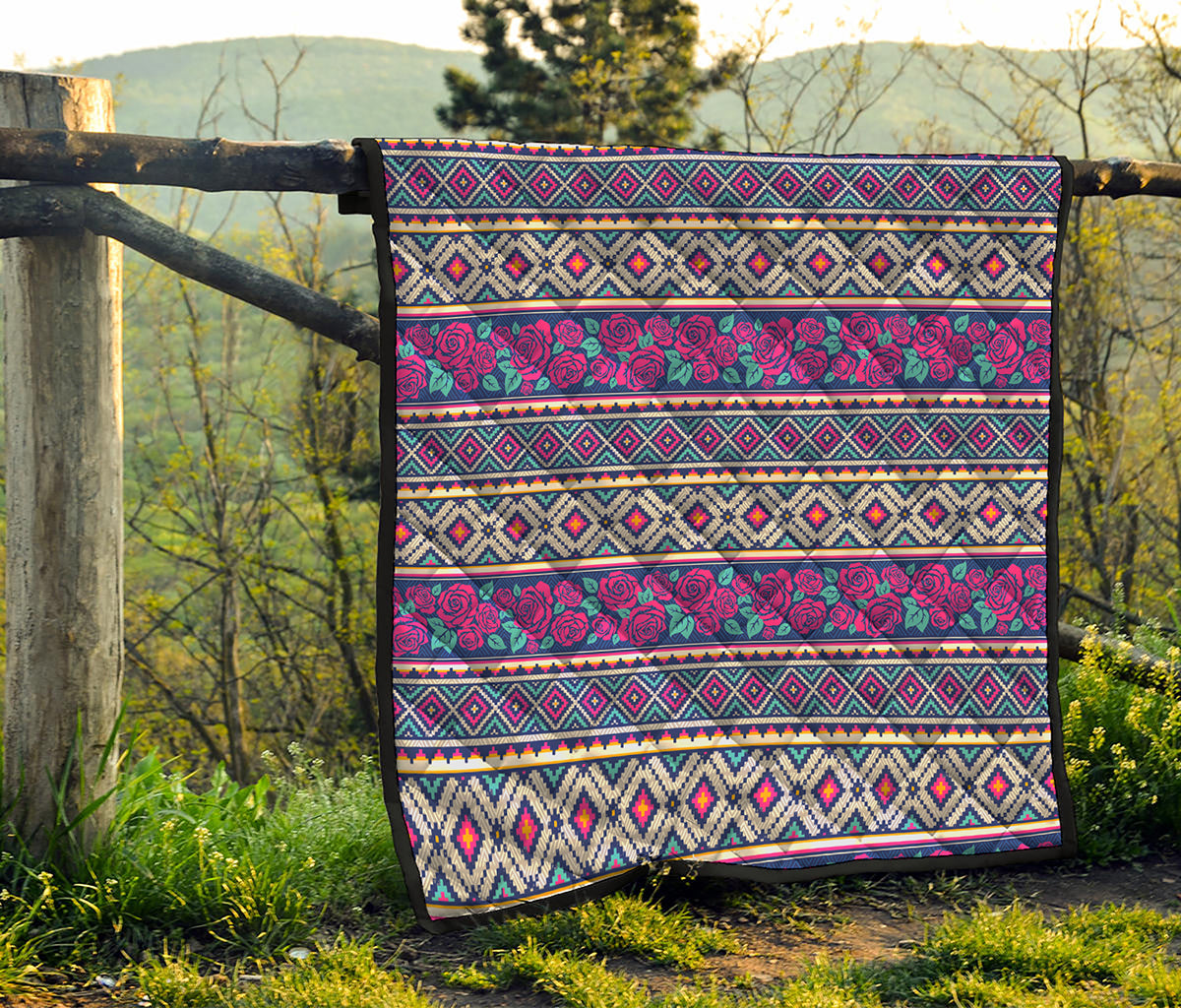 Native Tribal Ethnic Rose Pattern Print Quilt