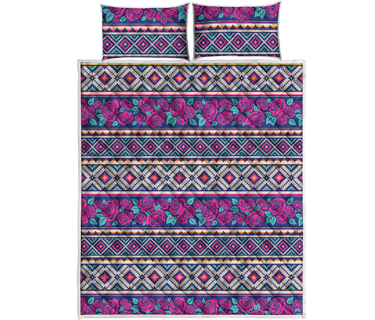 Native Tribal Ethnic Rose Pattern Print Quilt Bed Set