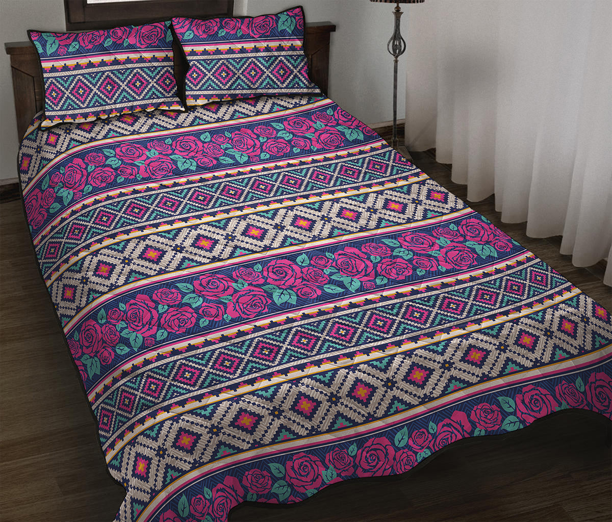 Native Tribal Ethnic Rose Pattern Print Quilt Bed Set