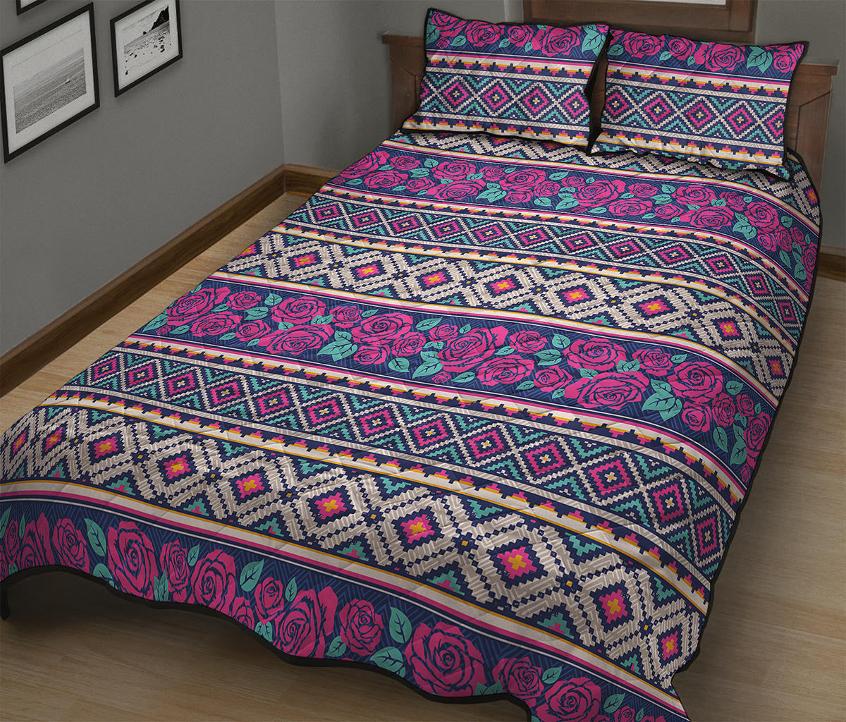 Native Tribal Ethnic Rose Pattern Print Quilt Bed Set