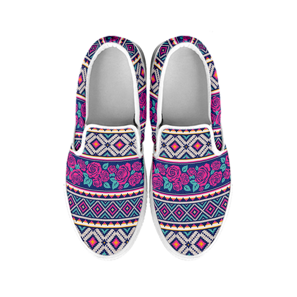 Native Tribal Ethnic Rose Pattern Print White Slip On Shoes