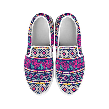 Native Tribal Ethnic Rose Pattern Print White Slip On Shoes