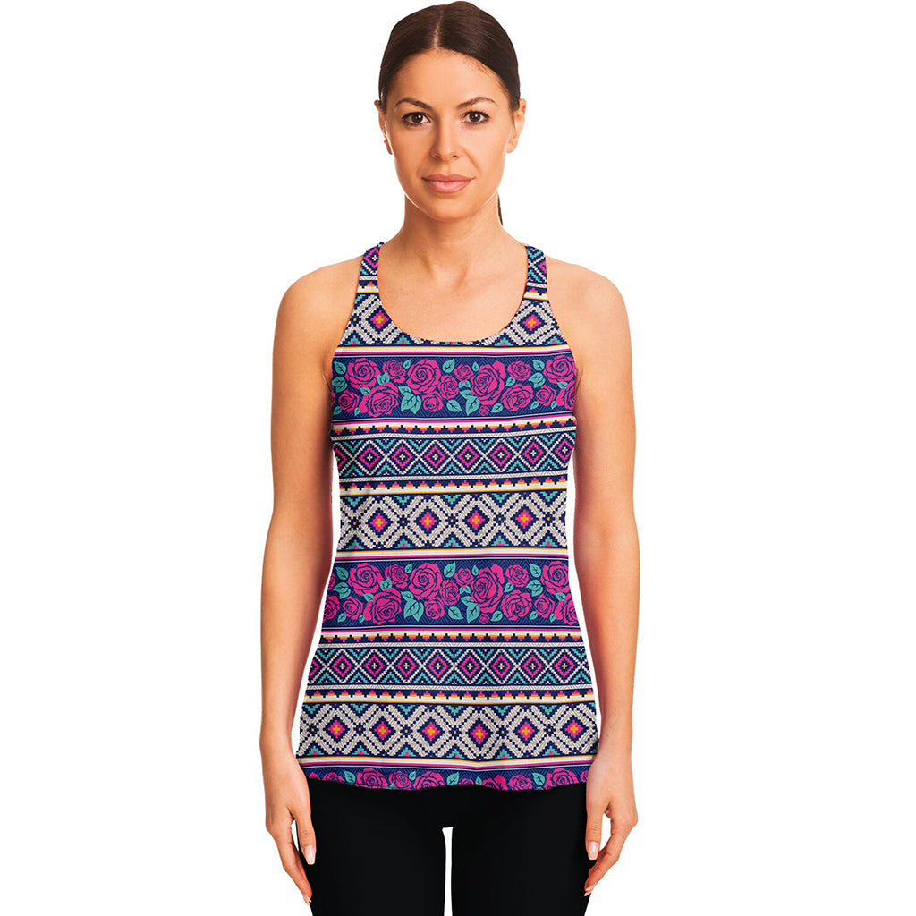 Native Tribal Ethnic Rose Pattern Print Women's Racerback Tank Top