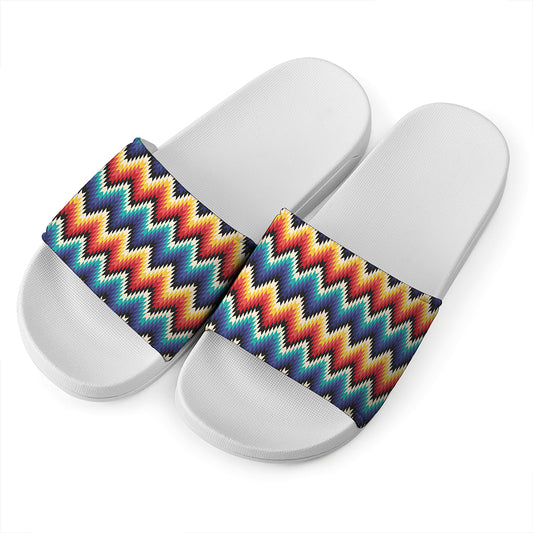Native Tribal Inspired Pattern Print White Slide Sandals