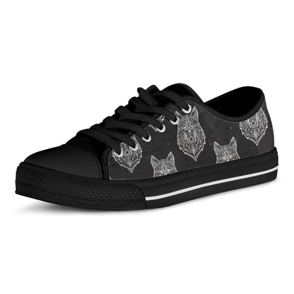 Native Tribal Wolf Pattern Print Black Low Top Shoes