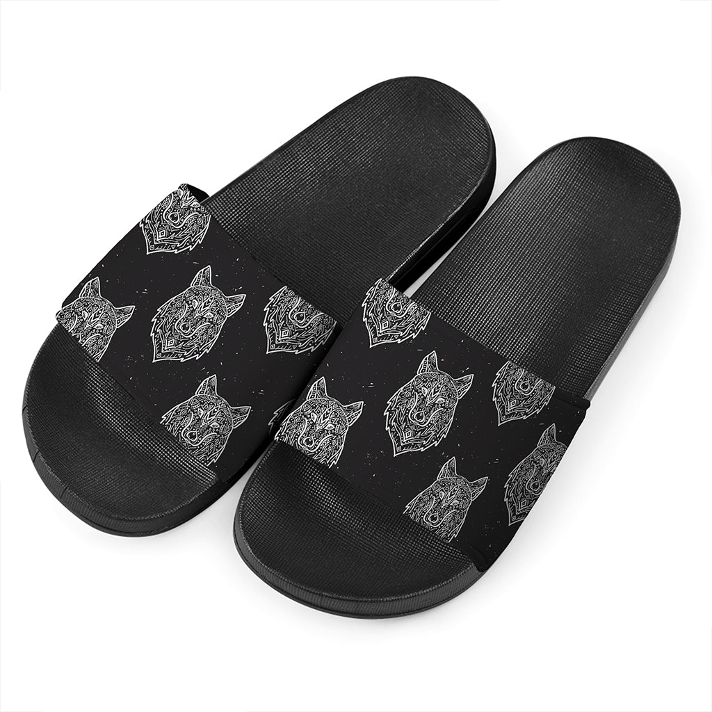 Native Tribal Wolf Pattern Print Black Slide Sandals