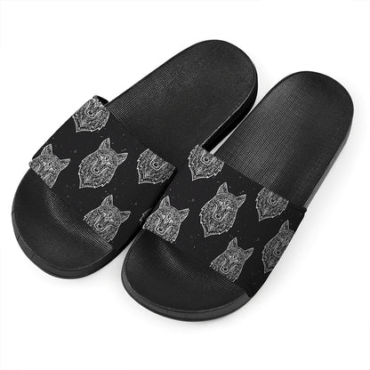 Native Tribal Wolf Pattern Print Black Slide Sandals