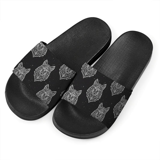 Native Tribal Wolf Pattern Print Black Slide Sandals