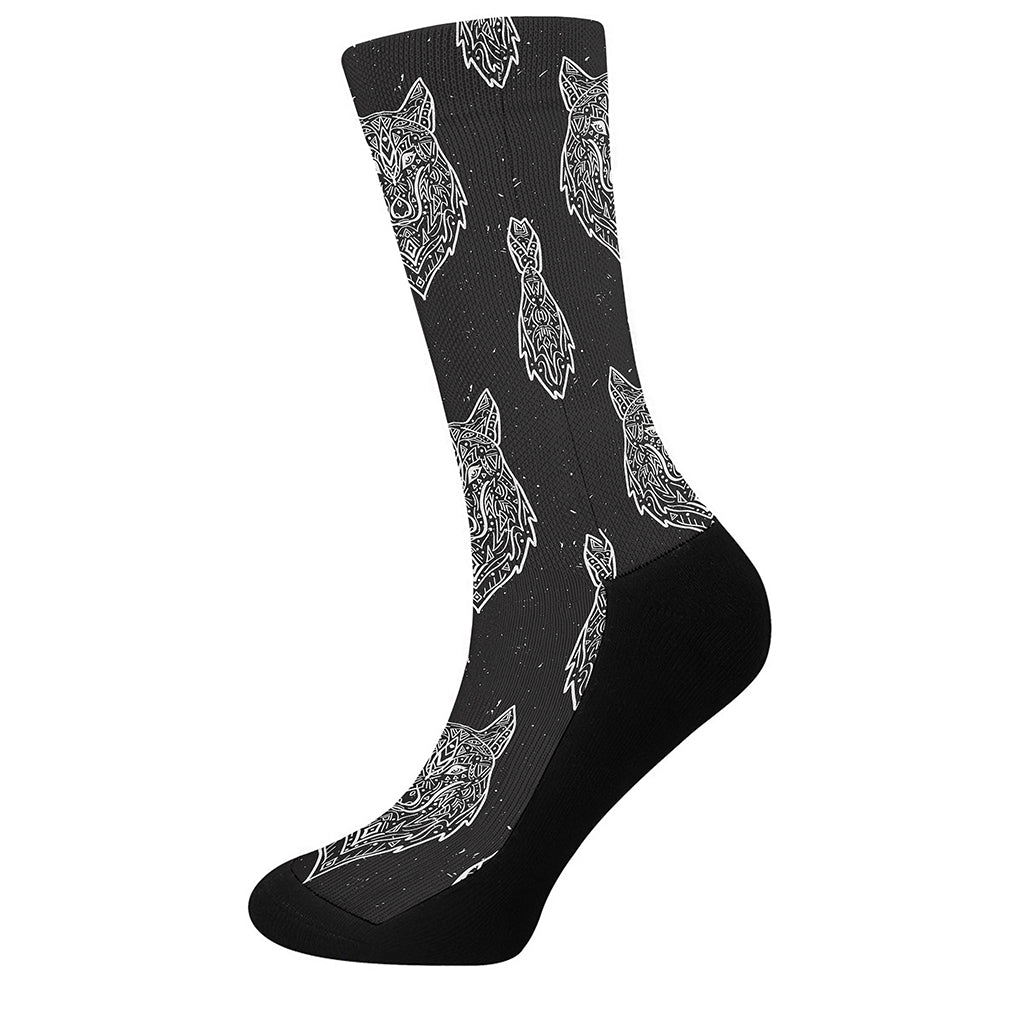 Native Tribal Wolf Pattern Print Crew Socks