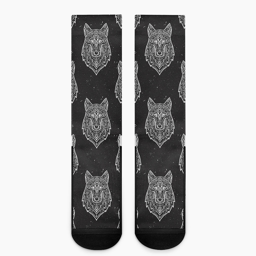 Native Tribal Wolf Pattern Print Crew Socks