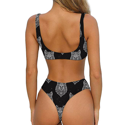 Native Tribal Wolf Pattern Print Front Bow Tie Bikini