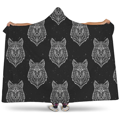 Native Tribal Wolf Pattern Print Hooded Blanket