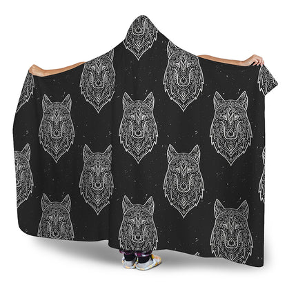 Native Tribal Wolf Pattern Print Hooded Blanket