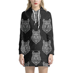 Native Tribal Wolf Pattern Print Hoodie Dress