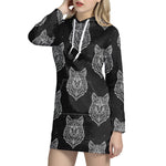 Native Tribal Wolf Pattern Print Hoodie Dress